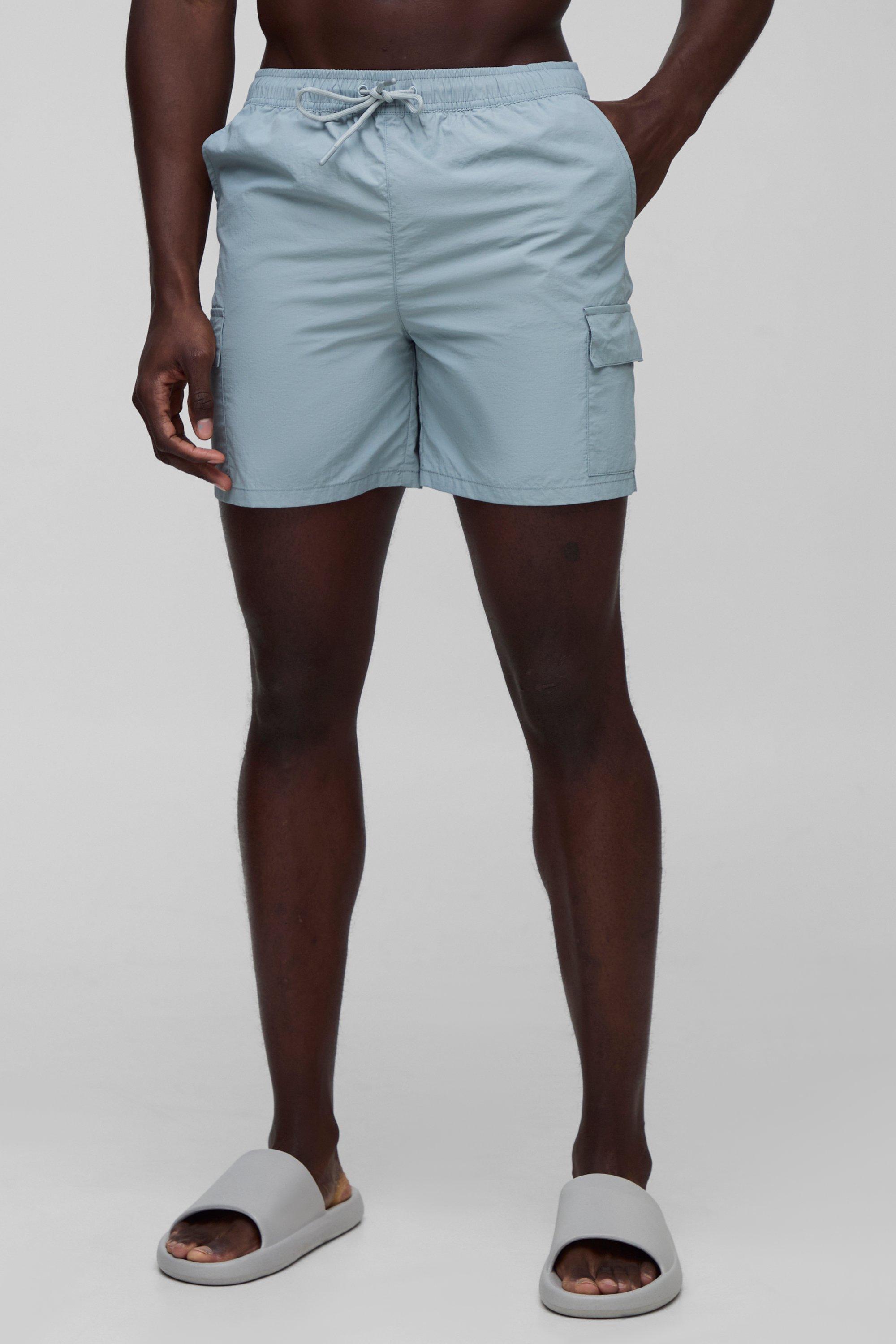 Mens Grey Regular Mid Length Cargo Crinkle Ripstop Swim Short, Grey